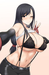 Rule 34 | 1girl, absurdres, arm guards, black bra, black hair, black skirt, blush, bra, breasts, cleavage, clothes lift, elbow gloves, final fantasy, final fantasy vii, fingerless gloves, gloves, gradient background, highres, huge breasts, kook, long hair, looking at viewer, low-tied long hair, midriff, one eye closed, orange background, pencil skirt, red eyes, selfie, shirt lift, skirt, smile, solo, suspender skirt, suspenders, sweat, tank top, taut clothes, tifa lockhart, underwear, v, white tank top