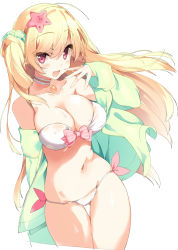 Rule 34 | 1girl, :d, bad id, bad pixiv id, bare shoulders, bikini, blonde hair, breasts, cleavage, collarbone, floating hair, hair between eyes, hair ornament, hair scrunchie, hand up, highres, hood, hoodie, large breasts, long hair, looking at viewer, navel, one side up, open clothes, open hoodie, open mouth, original, purple eyes, scrunchie, simple background, sketch, smile, solo, star (symbol), star hair ornament, sushimekabu, swimsuit, thigh gap, thighs, tsurime, white background, white bikini, wind