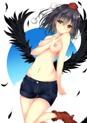 Rule 34 | 1girl, black hair, black wings, blush, boots, breasts, brown footwear, closed mouth, denim, denim shorts, feathers, finger to mouth, hat, looking at viewer, mikagemaru (mikage000), navel, nipples, pom pom (clothes), red eyes, shameimaru aya, short hair, shorts, simple background, smile, solo, tokin hat, topless, touhou, wings