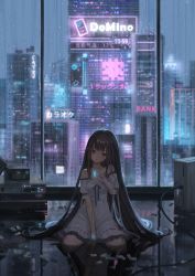 Rule 34 | 1girl, black eyes, black hair, cable, catzz, city, cityscape, computer, computer tower, dress, highres, indoors, long hair, night, off-shoulder dress, off shoulder, original, rain, reflection, scenery, short sleeves, sitting, solo, water, white dress