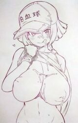 Rule 34 | 1girl, :q, bottomless, breasts, clothes lift, commentary request, corrupted twitter file, cum, cum on body, cum on breasts, cum on upper body, facial, fingerless gloves, gloves, groin, hat, hataraku saibou, highres, huge breasts, inverted nipples, lifted by self, looking at viewer, monochrome, navel, shirt lift, short hair, solo, tongue, tongue out, traditional media, tsukareta san, white blood cell (hataraku saibou)