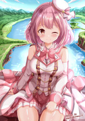 Rule 34 | 1girl, ;), bare shoulders, blush, braid, breasts, bridge, brown eyes, closed mouth, commentary request, dated, detached sleeves, happy birthday, hat, highres, hoshizaki akari, long sleeves, looking at viewer, medium breasts, mini hat, one eye closed, ongeki, pink hair, pleated skirt, red skirt, road, shirt, sitting, skirt, sleeveless, sleeveless shirt, smile, solo, tilted headwear, twin braids, water, white hat, white shirt, white sleeves, xenon (for achieve)