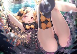 Rule 34 | 1girl, abigail williams (fate), abigail williams (second ascension) (fate), ass, asymmetrical legwear, black bow, black panties, black thighhighs, blonde hair, blurry, bow, commentary request, depth of field, fate/grand order, fate (series), head tilt, highres, kachayori, long hair, looking at viewer, orange bow, panties, red eyes, revealing clothes, single thighhigh, solo, thighhighs, topless, underwear, uneven legwear, very long hair