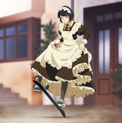 Rule 34 | 1girl, apron, black hair, black pantyhose, blurry, blurry background, bow, bowtie, breasts, building, check commentary, commentary request, day, door, dress, closed eyes, frilled dress, frills, full body, long sleeves, maid, maid apron, maid headdress, medium breasts, original, outdoors, pantyhose, plant, puffy long sleeves, puffy sleeves, shoes, short hair, skateboard, skirt hold, sneakers, solo, stairs, suzushiro (suzushiro333), window