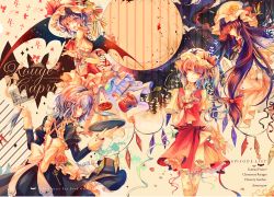 Rule 34 | 4girls, apron, bat wings, blonde hair, blue hair, bow, crystal, closed eyes, fang, flandre scarlet, flower, food, frills, fruit, full moon, hat, hat bow, hat ribbon, izayoi sakuya, key, kirero, long hair, long sleeves, moon, multiple girls, open mouth, patchouli knowledge, plate, puffy sleeves, purple hair, red eyes, remilia scarlet, ribbon, rose, short hair, short sleeves, side ponytail, silver hair, strawberry, touhou, tray, very long hair, wide sleeves, wings, wrist cuffs, yellow eyes