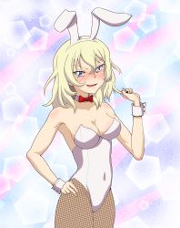 Rule 34 | 1girl, animal ears, blonde hair, blue eyes, blush, bow, bowtie, breasts, cleavage, covered navel, degtyarev, fake animal ears, fishnet pantyhose, fishnets, girls und panzer, highres, large breasts, leotard, looking at viewer, open mouth, oshida (girls und panzer), pantyhose, playboy bunny, rabbit ears, red bow, red bowtie, short hair, simple background, smile, solo, sparkle background, white leotard