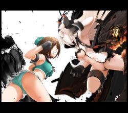 Rule 34 | 10s, 1girl, abyssal ship, air defense princess, battle, black footwear, black gloves, blue eyes, blue panties, boots, breasts, brown hair, colored skin, damaged, destroid, dress, fighting, gloves, grin, hair ornament, hairband, hairclip, hat, headgear, horns, kantai collection, large breasts, letterboxed, long hair, maya (kancolle), midriff, open mouth, panties, pleated skirt, red eyes, remodel (kantai collection), sailor dress, school uniform, short hair, showgirl skirt, skirt, sleeveless, smile, underboob, underwear, white hair, white skin, yoosai