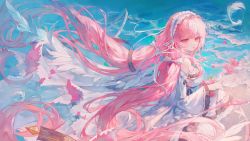 Rule 34 | 1girl, absurdly long hair, absurdres, azur lane, bare shoulders, beach, detached sleeves, dress, feathered wings, feathers, flower, frilled hairband, frilled sleeves, frills, from side, hairband, highres, long hair, looking at viewer, maccha (mochancc), outdoors, parted lips, perseus (azur lane), pink eyes, pink flower, pink hair, skirt hold, solo, strapless, strapless dress, upper body, very long hair, water, white dress, white hairband, white sleeves, white wings, wide sleeves, wings
