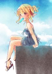 Rule 34 | 1girl, alternate costume, alternate hairstyle, arm support, bare shoulders, blonde hair, blue dress, blush, breasts, bright pupils, cloud, commentary request, cumulonimbus cloud, day, dress, dripping, food, food in mouth, from side, full body, hair between eyes, hair ribbon, high heels, looking at viewer, momonashi potato, mouth hold, outdoors, ponytail, popsicle, red eyes, red ribbon, ribbon, rumia, sitting, sky, small breasts, solo, touhou, white pupils