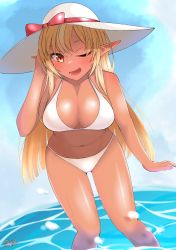 Rule 34 | 1girl, bikini, blonde hair, blush, breasts, cleavage, collarbone, dark-skinned female, dark skin, feet out of frame, fisheye, gluteal fold, halterneck, hand on own head, hat, highres, hololive, large breasts, leaning forward, long hair, looking at viewer, multicolored hair, mysteltainn, navel, ocean, one eye closed, open mouth, orange eyes, pointy ears, shiranui flare, smile, solo, strap gap, streaked hair, sun hat, swept bangs, swimsuit, tsurime, very long hair, virtual youtuber, wading, water, white bikini