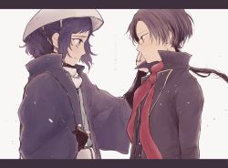 Rule 34 | 10s, 2boys, ajirogasa, black hair, blue eyes, brown hair, earrings, eye contact, hand on another&#039;s cheek, hand on another&#039;s face, hat, highres, japanese clothes, jewelry, kashuu kiyomitsu, letterboxed, looking at another, mole, mole under mouth, multiple boys, profile, red eyes, scarf, shigeru, smile, tears, touken ranbu, touken ranbu: hanamaru, translation request, yamato-no-kami yasusada