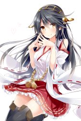 Rule 34 | 10s, 1girl, :q, bare shoulders, black hair, boots, brown eyes, detached sleeves, frilled skirt, frills, hairband, haruna (kancolle), heart, highres, japanese clothes, kakao (chocolate land), kantai collection, long hair, personification, skirt, smile, solo, steepled fingers, thigh boots, thighhighs, tongue, tongue out, white background