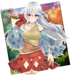 Rule 34 | 1girl, artist name, bare shoulders, blue sleeves, border, closed mouth, dress, grey hair, hidden star in four seasons, highres, holding, holding knife, knife, leaf, long hair, looking at viewer, multicolored clothes, multicolored dress, orange eyes, ougi hina, outdoors, sakata nemuno, single strap, solo, touhou, upper body, wavy hair, white border, yellow dress
