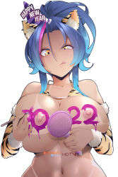 Rule 34 | animal ear fluff, animal ears, bikini, bikini top lift, blue hair, body writing, breasts, chinese zodiac, closed mouth, clothes lift, commentary, dark-skinned female, dark skin, detached sleeves, english commentary, hair between eyes, halterneck, hand mirror, happy new year, holding, holding brush, holding mirror, hot vr, huge breasts, long sleeves, looking down, mirror, multicolored hair, navel, new year, nipples, original, paint on body, paintbrush, pixiv username, print bikini, print sleeves, purple hair, simple background, solo, streaked hair, swimsuit, tan, tanline, tiger ears, tongue, tongue out, two-tone hair, upper body, white background, year of the tiger, yellow eyes, zoey (hot vr)