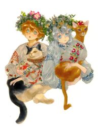 Rule 34 | 2girls, 5hgohi, :o, animal, bead necklace, beads, blue eyes, borrowed character, brown hair, cat, clothed animal, cropped torso, flower wreath, grey hair, head wreath, holding, holding animal, jewelry, long hair, long sleeves, looking at viewer, multiple girls, necklace, original, puffy long sleeves, puffy sleeves, purple eyes, short hair, simple background, smile, traditional clothes, upper body, white background, yellow eyes