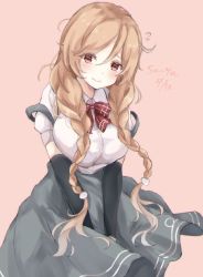 Rule 34 | 1girl, blush, bow, bowtie, braid, breasts, cloud hair ornament, gradient hair, grey skirt, highres, kantai collection, large breasts, light brown hair, long hair, looking at viewer, low twin braids, minegumo (kancolle), multicolored hair, plaid, plaid bow, plaid bowtie, plaid neckwear, pleated skirt, red bow, red bowtie, red eyes, sa-ya2, school uniform, shirt, short sleeves, skirt, solo, suspender skirt, suspenders, twin braids, white shirt