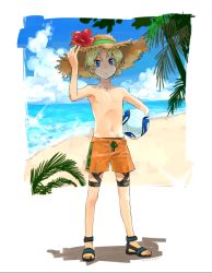 Rule 34 | 10s, 1boy, aoto gonzales takuma, ball, beach, blonde hair, blue eyes, blue sky, child, cloud, flower, ginga e kickoff!!, hat, hat flower, indesign, male focus, navel, ocean, outdoors, palm tree, sand, sandals, short hair, sky, solo, standing, straw hat, swimsuit, tree