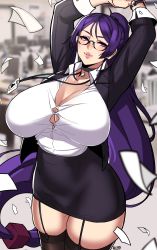 Rule 34 | 1girl, absurdres, alecto 0, arms up, blouse, blush, breasts, button gap, cleavage, collared shirt, dress shirt, fate/grand order, fate (series), garter straps, highres, huge breasts, jacket, long hair, long sleeves, looking at viewer, minamoto no raikou (fate), minidress, miniskirt, office lady, open clothes, open jacket, parted bangs, pencil skirt, purple eyes, purple hair, shirt, skindentation, skirt, smile, solo, thighhighs, very long hair, white shirt