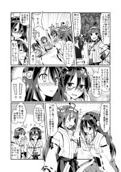 Rule 34 | 10s, 4girls, bare shoulders, blush, chalkboard, comic, commentary request, detached sleeves, flying sweatdrops, glasses, greyscale, haruna (kancolle), headgear, hiei (kancolle), japanese clothes, kantai collection, kirishima (kancolle), kongou (kancolle), long hair, monochrome, multiple girls, nontraditional miko, pleated skirt, short hair, skirt, suna (sunaipu), ^^^, translation request