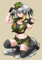 Rule 34 | 1girl, absurdres, belt, black footwear, black gloves, boots, breasts, brown background, camouflage, camouflage shirt, camouflage shorts, cleavage cutout, clothing cutout, collarbone, commentary, fingerless gloves, frown, full body, gloves, grey hair, hair between eyes, hat, head wings, highres, japari symbol print, john (a2556349), kemono friends, large breasts, midriff, multicolored hair, navel, pointing, pointing at viewer, shirt, shoebill (kemono friends), short shorts, short sleeves, shorts, simple background, single sidelock, solo, tail, thigh boots, thighhighs, two-tone hair, wings, yellow eyes, zipper