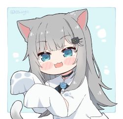Rule 34 | 1girl, :3, :d, animal ears, blue eyes, blunt bangs, blush stickers, cat ears, cat girl, cat tail, chibi, collared shirt, commentary, dress shirt, english commentary, grey hair, hair ornament, hairclip, indie virtual youtuber, kukie-nyan, long hair, nachoneko, open mouth, original, oversized clothes, oversized shirt, paw print, shirt, sleeves past fingers, sleeves past wrists, smile, solo, tail, twitter username, upper body, virtual youtuber, white shirt