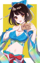 Rule 34 | 1girl, bad id, bad twitter id, bare shoulders, black hair, blue bow, blush, bow, breasts, brown eyes, chinese zodiac, cleavage, cleavage cutout, clothing cutout, commentary, detached sleeves, eggplant, ema, furisode, groin, hair bow, head tilt, highres, holding, idolmaster, idolmaster cinderella girls, japanese clothes, kimono, looking at viewer, medium breasts, midriff, misumi (macaroni), navel, new year, open mouth, short hair, smile, solo, takafuji kako, white background, year of the pig, yellow background