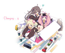 Rule 34 | 3girls, anyoji hime, aqua hair, aqua neckerchief, arms up, bag, battery indicator, black ribbon, blonde hair, blue eyes, blunt bangs, blush, box, brown dress, brown hair, cardboard box, commentary, cup, disposable cup, doughnut, dress, english text, fang, flower, food, food in mouth, fujishima megumi, gradient hair, hair flower, hair ornament, hair ribbon, hamayumiba sou, handheld game console, hasu no sora school uniform, heart, highres, holding, holding handheld game console, in box, in container, jacket, knees up, link! like! love live!, long hair, long sleeves, love live!, medium dress, messy hair, mira-cra park!, mouth hold, multi-tied hair, multicolored hair, multiple girls, neckerchief, nintendo switch, open clothes, open jacket, osawa rurino, parted bangs, pastry box, pink flower, pink hair, pink jacket, playing games, ponytail, red neckerchief, ribbon, sailor collar, sailor dress, school uniform, shopping bag, sidelocks, skin fang, squiggle, swept bangs, tablet pc, taiyaki, twintails, two-handed, two side up, v-shaped eyebrows, virtual youtuber, wagashi, white background, white flower, white sailor collar, winter uniform, yellow neckerchief