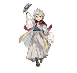 Rule 34 | 1boy, absurdres, dragonstone, envelope, fire emblem, fire emblem fates, fire emblem heroes, full body, grey eyes, hagoita, highres, holding, holding envelope, japanese clothes, kana (fire emblem), kana (male) (fire emblem), kana (male) (rising dragon) (fire emblem), kimono, looking at viewer, male focus, nintendo, official alternate costume, official art, open mouth, paddle, scarf, simple background, smile, solo, spiked hair, tapioka chaso, white background, white hair
