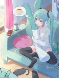 Rule 34 | &gt; &lt;, 1girl, :&gt;, :q, :s, animal slippers, aqua eyes, aqua hair, aqua nails, between breasts, black footwear, black thighhighs, breasts, chips (food), chocolate, commentary request, couch, doodle inset, drawstring, drinking straw, electrical outlet, food, half lotus position, hatsune miku, heart, highres, holding, holding food, holding spring onion, holding stuffed toy, holding vegetable, hood, hoodie, indoors, juice box, light blush, long hair, looking ahead, motion lines, no pants, pink curtains, poster (object), pudding, signature, sitting, slippers, small breasts, solo, spring onion, stuffed toy, thighhighs, tongue, tongue out, twintails, vegetable, very long hair, vocaloid, white hoodie, yasuno-labo