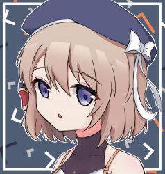 Rule 34 | 1girl, absurdres, azur lane, bare shoulders, beret, blue hat, bow, brown hair, collarbone, commentary request, covered collarbone, grey background, hair between eyes, hair bow, hat, hat bow, highres, looking at viewer, parted lips, purple eyes, rock zinc, solo, striped bow, upper body, white bow, z23 (azur lane)