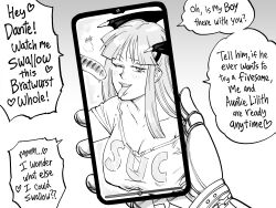 Rule 34 | 1boy, 1girl, absurdres, bb (baalbuddy), cellphone, devil may cry (series), devil may cry 5, english text, food, highres, holding, holding phone, morrigan aensland, nero (devil may cry), phone, pov, sausage, smartphone, solo focus, speech bubble, tongue, tongue out, vampire (game)