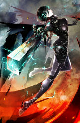 Rule 34 | 1girl, abstract background, arched back, arm cannon, ass, black hair, blame!, bodysuit, breasts, cyborg, flying, gradient background, graviton beam emitter, highres, lightning, pale skin, safeguard, sanakan, science fiction, short hair, small breasts, tagane, tsukasa (evening-g-low), weapon