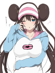 Rule 34 | 1girl, blue eyes, blush, breasts, brown hair, commentary request, creatures (company), double bun, game freak, hair bun, hair tie, hand up, highres, hood, hood down, hoodie, long hair, long sleeves, nintendo, nishikino kee, one eye closed, open mouth, pokemon, pokemon bw2, raglan sleeves, rosa (pokemon), sleeves past wrists, solo, twintails, two-tone headwear, very long hair, visor cap, white background