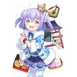 Rule 34 | 1girl, animal, aqua eyes, bell, bento, can, coat, drink can, fur trim, holding, koala, leggings, light purple hair, official art, open mouth, pantyhose, pleated skirt, rest and vacation, short hair, skirt, soda can, solo, transparent background, two side up, uchi no hime-sama ga ichiban kawaii, vest, white pantyhose