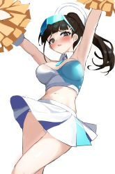 Rule 34 | 1girl, absurdres, arms up, black eyes, blue archive, blush, breasts, brown hair, cosplay, crop top, detached collar, goggles, goggles on head, halo, hibiki (blue archive), highres, holding, holding pom poms, large breasts, long hair, looking at viewer, midriff, millennium cheerleader outfit (blue archive), navel, open mouth, pom pom (cheerleading), pom poms, ponytail, simple background, skirt, solo, stone (ksorede), sukeban (smg) (blue archive), white background, white skirt