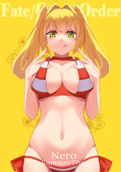 Rule 34 | 1girl, ahoge, bare shoulders, bead bracelet, beads, bikini, blonde hair, blush, bracelet, breasts, character name, cleavage, closed mouth, collarbone, copyright name, criss-cross halter, donggua bing cha, fate/grand order, fate (series), green eyes, hair between eyes, hair intakes, halterneck, hands on own chest, highres, jewelry, large breasts, licking lips, long hair, looking at viewer, navel, nero claudius (fate), nero claudius (fate) (all), nero claudius (swimsuit caster) (fate), red bikini, side-tie bikini bottom, smile, striped bikini, striped clothes, swimsuit, thighs, tongue, tongue out, twintails, yellow background