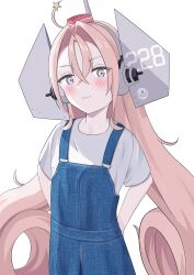 Rule 34 | 1girl, absurdres, alternate costume, arms behind back, commentary request, denim overalls, drum (kancolle), garrison cap, grey eyes, hair ornament, hair rings, hat, headgear, highres, kantai collection, l meet, long hair, looking at viewer, overalls, pink hair, red hat, shirt, simple background, solo, star (symbol), star hair ornament, very long hair, white background, white shirt
