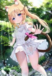 Rule 34 | 1girl, animal ear fluff, animal ears, bell, blonde hair, blue eyes, blush, bow, cat ears, cat girl, cat tail, closed mouth, day, frilled skirt, frills, glaze artifacts, hair between eyes, hair ornament, hairclip, highres, jingle bell, long hair, looking at viewer, no panties, original, outdoors, pink bow, see-through, shirt, short sleeves, siera (sieracitrus), skirt, smile, solo, splashing, sunlight, tail, tail bow, tail ornament, tree, twintails, very long hair, water, water drop, wet, wet clothes, wet shirt, wet skirt, white bow, white shirt, white skirt