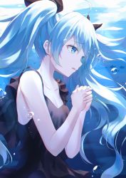 Rule 34 | 1girl, ahoge, bad id, bad pixiv id, bare arms, bare shoulders, black dress, black ribbon, blue eyes, blue hair, collarbone, commentary, dress, hair between eyes, hair ribbon, hands up, hatsune miku, highres, hyonee, long hair, looking away, own hands clasped, own hands together, parted lips, ribbon, shinkai shoujo (vocaloid), sleeveless, sleeveless dress, solo, twintails, underwater, very long hair, vocaloid, water