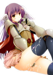 Rule 34 | 1girl, armor, bad id, bad pixiv id, black thighhighs, blush, cape, cum, cum on body, cum on clothes, cum on lower body, cum on upper body, cum string, head wings, licking, long hair, lord knight (ragnarok online), purple hair, ragnarok online, simple background, skirt, solo, theta (ponkotsu works), thighhighs, wings, yellow eyes