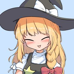 Rule 34 | 1girl, ^ ^, black hat, black vest, blonde hair, blue background, bow, braid, closed eyes, commentary, cookie (touhou), cowboy shot, hair bow, hat, hat bow, highres, kirisame marisa, long hair, open mouth, puffy short sleeves, puffy sleeves, red bow, shirt, short sleeves, simple background, smile, solo, star (symbol), suzu (cookie), touhou, vest, white bow, white shirt, witch hat, youmu-kun