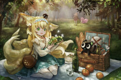 Rule 34 | 3girls, absurdres, animal ear fluff, animal ears, arknights, bag, baguette, black cat, blonde hair, blue hairband, blue skirt, bread, brown bag, bug, butterfly, cardigan, cat, crossover, flower wreath, food, forest, fox ears, fox girl, fox tail, frilled hairband, frills, fruit, glass bottle, green eyes, hair ornament, hair scrunchie, hairband, handbag, heixiu, high-waist skirt, highres, insect, kitsune, kuronouka, kyuubi, long hair, long sleeves, luo xiaohei, luo xiaohei zhanji, multicolored hair, multiple girls, multiple tails, nature, neck ribbon, official alternate costume, on head, open mouth, orange (fruit), outdoors, picnic, popukar (arknights), red ribbon, ribbon, round bag, sandwich, scrunchie, shamare (arknights), shoulder bag, skirt, smile, solo focus, suzuran (arknights), suzuran (spring praise) (arknights), tail, teeth, two-tone hair, upper teeth only, white butterfly, white cardigan, white hair
