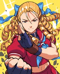 Rule 34 | 1girl, antenna hair, blonde hair, blue bow, blue gloves, bow, brown eyes, closed mouth, commentary, fighting stance, fingerless gloves, gloves, hair bow, hair pulled back, kanzuki karin, long hair, looking at viewer, midriff, navel, oetaro, pleated skirt, red shirt, red skirt, ringlets, rubble, sailor collar, school uniform, serafuku, shirt, short sleeves, skirt, smile, solo, sparkle, street fighter, upper body, v-shaped eyebrows, yellow background