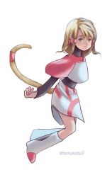 Rule 34 | 1girl, blonde hair, closed mouth, dress, final fantasy, final fantasy ix, green eyes, hair tubes, looking at viewer, ma-hain-scarlet, medium hair, mikoto (ff9), simple background, skirt, solo, tail, twitter username, white background