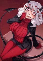 Rule 34 | 1girl, black skirt, black suit, blush, breasts, cluseller, commentary request, demon girl, demon horns, demon tail, fangs, fingernails, formal, from above, heart, heart-shaped pupils, helltaker, highres, horns, long hair, long sleeves, looking at viewer, modeus (helltaker), nail polish, pantyhose, red eyes, red nails, red shirt, ribbed shirt, sharp fingernails, shirt, sitting, skirt, sleeves past wrists, solo, suit, symbol-shaped pupils, tail, turtleneck, white hair