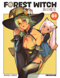 2girls aged_down blonde_hair breasts closed_mouth collarbone dark-skinned_female dark_skin detached_collar detached_sleeves dress english_text fire_emblem fire_emblem_heroes green_hair hair_between_eyes hat laegjarn_(fire_emblem) laevatein_(fire_emblem) large_breasts looking_at_viewer meziosaur multicolored_hair multiple_girls nintendo open_mouth orange_eyes pink_eyes pink_hair siblings sisters smile streaked_hair teeth thighhighs twintails white_hair witch witch_hat