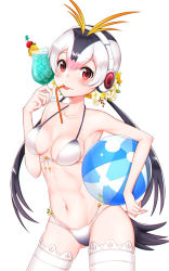 Rule 34 | 10s, 1girl, :p, armpits, ball, beachball, bendy straw, bikini, bird tail, black hair, blush, breasts, breasts apart, cup, drinking glass, drinking straw, dripping, flower, front-tie bikini top, front-tie top, gluteal fold, hair flower, hair ornament, headphones, highres, holding, holding ball, holding cup, holding drinking glass, hurricane glass, kemono friends, looking at viewer, low twintails, medium breasts, mouth hold, mugi (iccomae), multicolored hair, navel, pineapple, pineapple slice, pink hair, red eyes, royal penguin (kemono friends), solo, swimsuit, tail, thighhighs, tongue, tongue out, tropical drink, twintails, white hair, white thighhighs