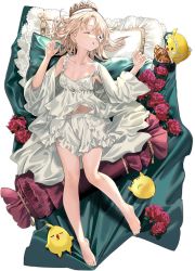 Rule 34 | 1girl, azur lane, bare legs, bare shoulders, barefoot, bed, bed sheet, bird, black background, blonde hair, bloomers, blush, breasts, camisole, chick, closed eyes, collarbone, croissant, crown, eyepatch, feet, flower, food, frilled shorts, frills, from above, full body, highres, le terrible (azur lane), le terrible (silence slumber and solace) (azur lane), lying, manjuu (azur lane), medium hair, midriff peek, navel, nightgown, official alternate costume, official art, on back, on bed, open mouth, pajamas, parted bangs, parted lips, pillow, red flower, rose, shorts, sleeping, sleepwear, small breasts, smile, solo, toes, transparent background, underwear, white camisole, xiao chichi
