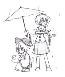 Rule 34 | 2girls, blouse, buttons, closed mouth, collared shirt, diamond button, frilled sleeves, frills, frown, full body, graphite (medium), greyscale, hair between eyes, hair ornament, hairband, hat, heart, heart button, heart hair ornament, holding, holding umbrella, kneehighs, komeiji koishi, komeiji satori, long sleeves, looking down, looking up, monochrome, multiple girls, rain, raised eyebrow, shirt, shoes, short hair, siblings, silverfox (peculiosa), sisters, skirt, socks, squatting, standing, tearing up, third eye, touhou, traditional media, umbrella, wet, wet clothes, wide sleeves