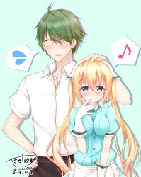 Rule 34 | 1boy, 1girl, 2017, akizuki kouyou, apron, aqua background, aqua shirt, blend s, blonde hair, blouse, blue background, blue eyes, blush, breasts squeezed together, breasts, closed mouth, collared shirt, constricted pupils, d:, dated, flying sweatdrops, gloves, green hair, hair between eyes, hand on another&#039;s head, hand on own hip, head scarf, highres, hinata kaho, long hair, looking at viewer, looking away, medium breasts, musical note, open mouth, puffy short sleeves, puffy sleeves, quaver, shirt, short hair, short sleeves, signature, silhouette, smile, spoken flying sweatdrops, spoken musical note, standing, twintails, twitter username, very long hair, waist apron, waitress, white apron, white gloves, white shirt, wing collar, yasaka (astray l)